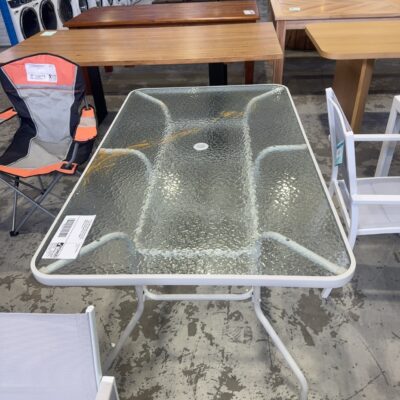WATER DAMAGE INSURANCE SALVAGE STOCK - AIDEN LIGHT GREY POWDER COATED STEEL FRAME OUTDOOR DINING TABLE 1500MM X 900MM, SOLD AS IS
