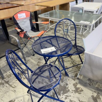 WATER DAMAGE INSURANCE SALVAGE STOCK - CHLOE NAVY BLUE 3 PIECE BISTRO SETTING, POWDER COATED STEEL, RRP9 SOLD AS IS