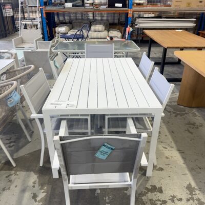 WATER DAMAGE INSURANCE SALVAGE STOCK - ALEXANDRA 6 SEATER WHITE SLATTED OUTDOOR DINING SETTING, TABLE POWDER COATED 1500MM X 900MM WITH GREY CHAIRS, SOLD AS IS RRP9