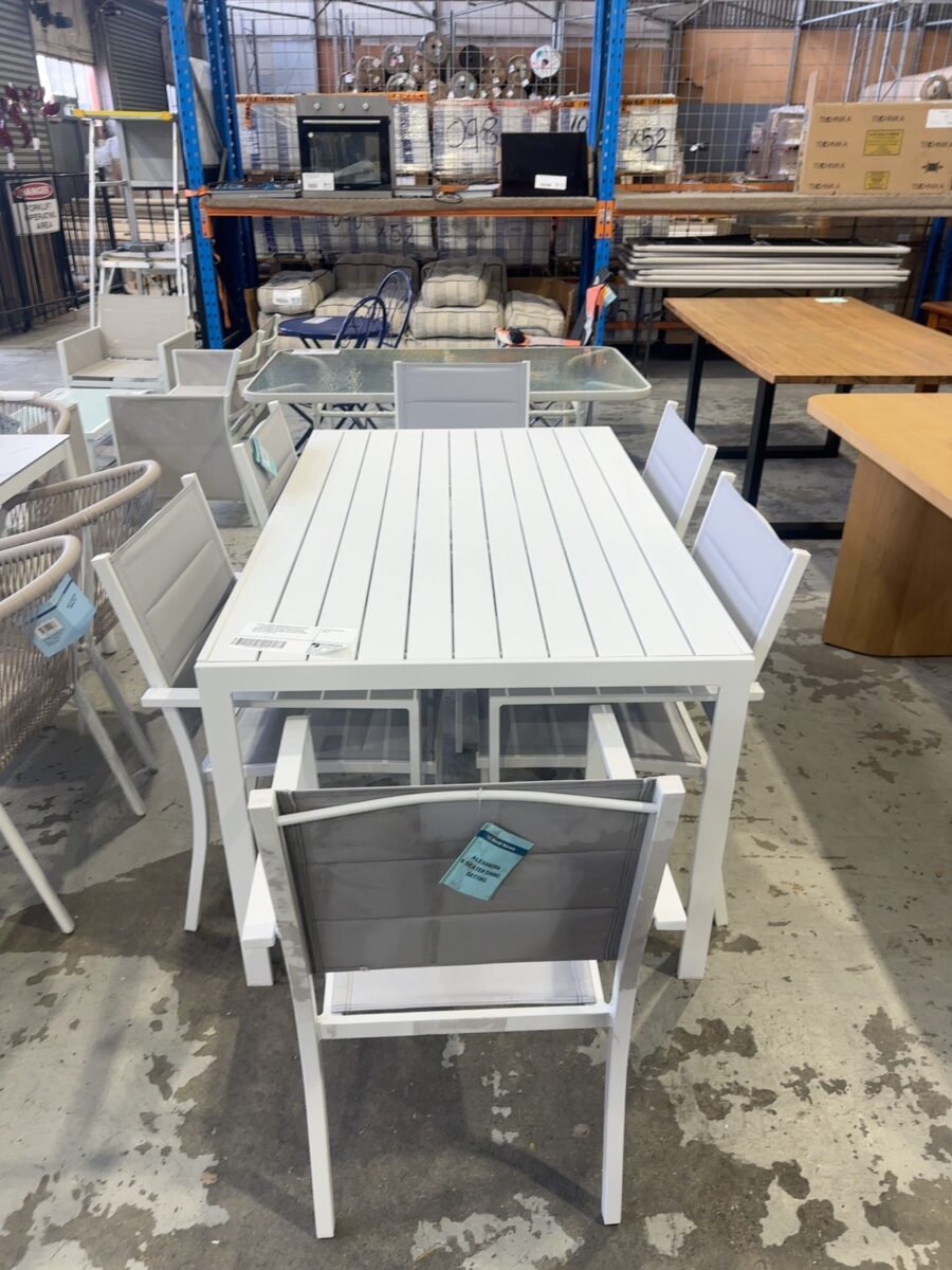 WATER DAMAGE INSURANCE SALVAGE STOCK - ALEXANDRA 6 SEATER WHITE SLATTED OUTDOOR DINING SETTING, TABLE POWDER COATED 1500MM X 900MM WITH GREY CHAIRS, SOLD AS IS RRP$799