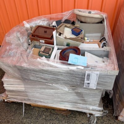 PALLET OF ASSORTED PLANT POTS & SAUCERS SOLD AS IS