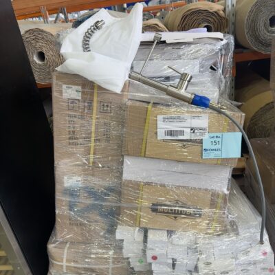 PALLET OF ASSORTED BATHWARE ACCESSORIES INCLUDING SHOWER RAILS, VANITY TAPS, KITCHEN TAPS SHOWER MIXERS, PULL OUT COMMERCIAL STYLE MIXERS ETC
