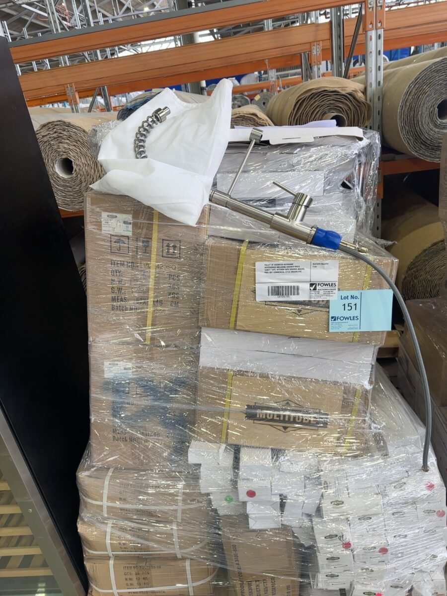 PALLET OF ASSORTED BATHWARE ACCESSORIES INCLUDING SHOWER RAILS, VANITY TAPS, KITCHEN TAPS SHOWER MIXERS, PULL OUT COMMERCIAL STYLE MIXERS ETC