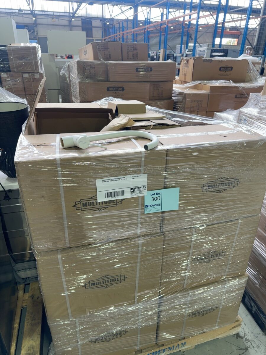 PALLET OF MATTE WHITE 250MM SHOWER RAIN HEADS, AND KITCHEN TAPS, SOLD AS IS