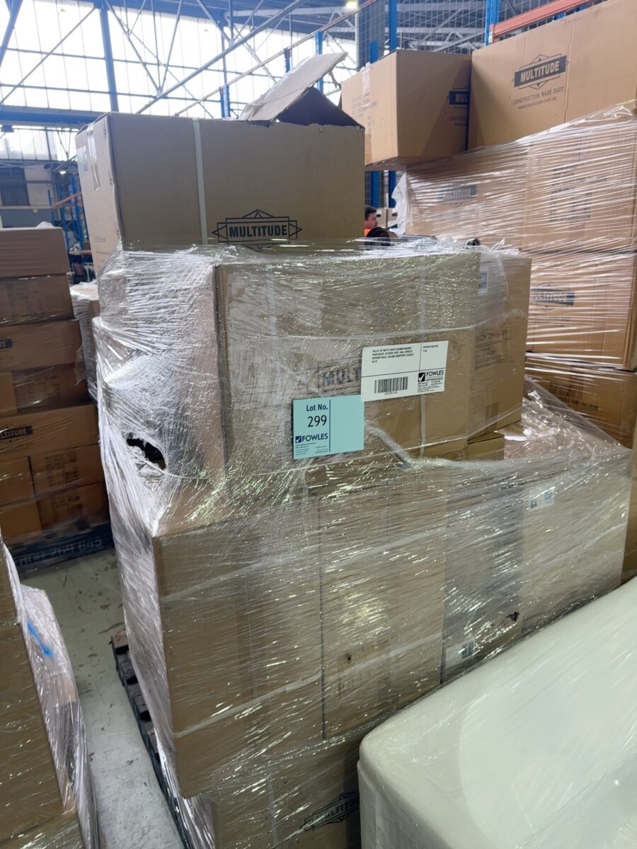 PALLET OF MATTE WHITE 250MM SHOWER RAIN HEADS, KITCHEN TAPS, WALL SPOUTS, SHOWER RAILS, CEILING DROPPERS ETCSOLD AS IS