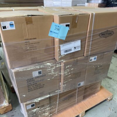 PALLET OF MATTE WHITE SINK MIXERS, SPOUTS AND SHOWER RAIN HEADS, SOLD AS IS