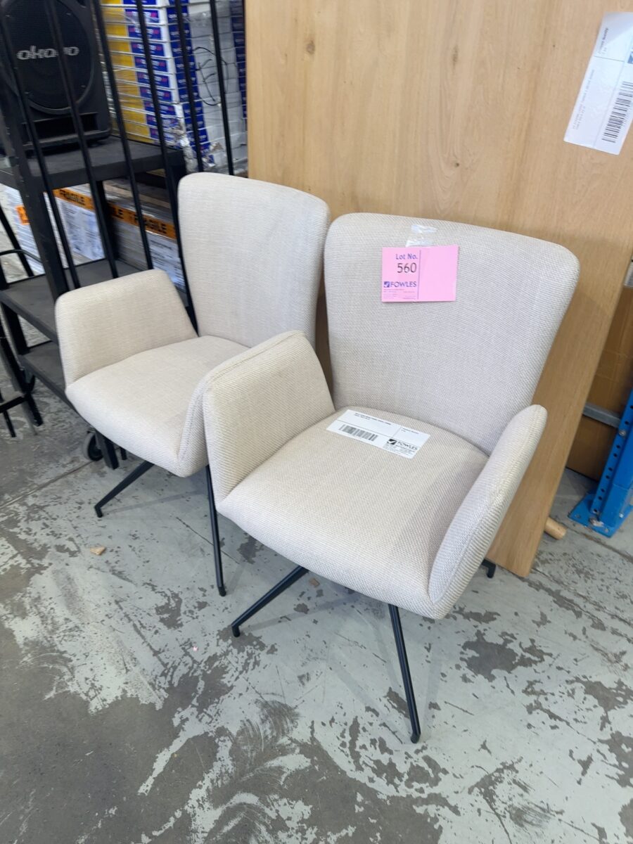 NEW LAURA BEIGE FABRIC SWIVEL DINING CHAIR, SOLD AS IS
