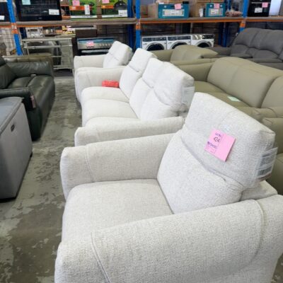 SAMPLE LOUNGE - NEW CONNELL HUSK FABRIC LOUNGE SUITE INCLUDES 3 SEATER COUCH, 2 SEATER COUCH  & SEPARATE ARMCHAIR, ALL WITH FULL ELECTRIC RECLINERS WITH MANUAL HEADRESTS, SOLD AS IS
