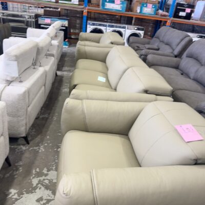 SAMPLE LOUNGE - NEW CONNELL KELP LEATHER LOUNGE SUITE INCLUDES 3 SEATER COUCH, 2 SEATER COUCH  & SEPARATE ARMCHAIR, ALL WITH FULL ELECTRIC RECLINERS & ELECTRIC HEADRESTS, SOLD AS IS