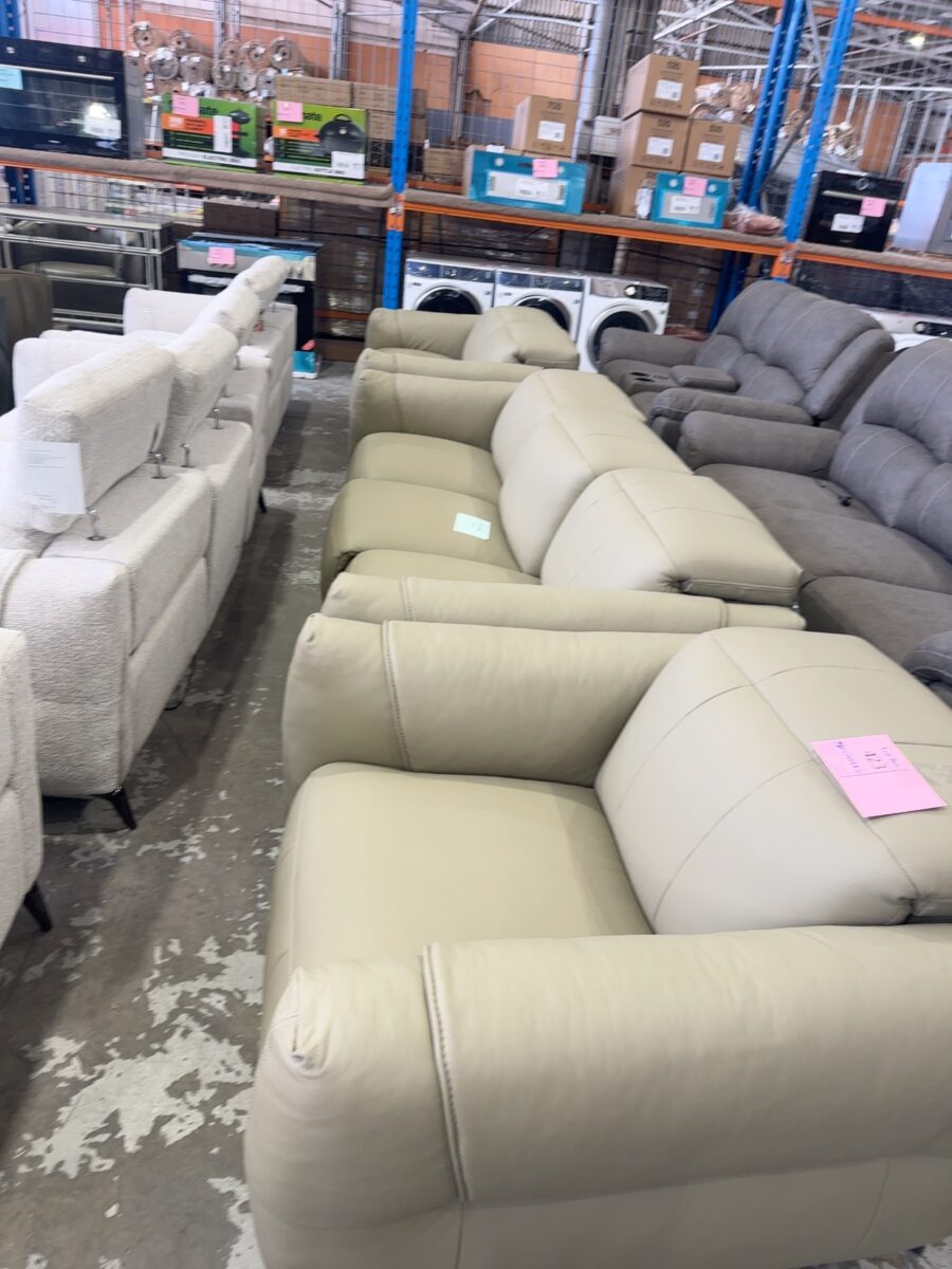 SAMPLE LOUNGE - NEW CONNELL KELP LEATHER LOUNGE SUITE INCLUDES 3 SEATER COUCH, 2 SEATER COUCH  & SEPARATE ARMCHAIR, ALL WITH FULL ELECTRIC RECLINERS & ELECTRIC HEADRESTS, SOLD AS IS