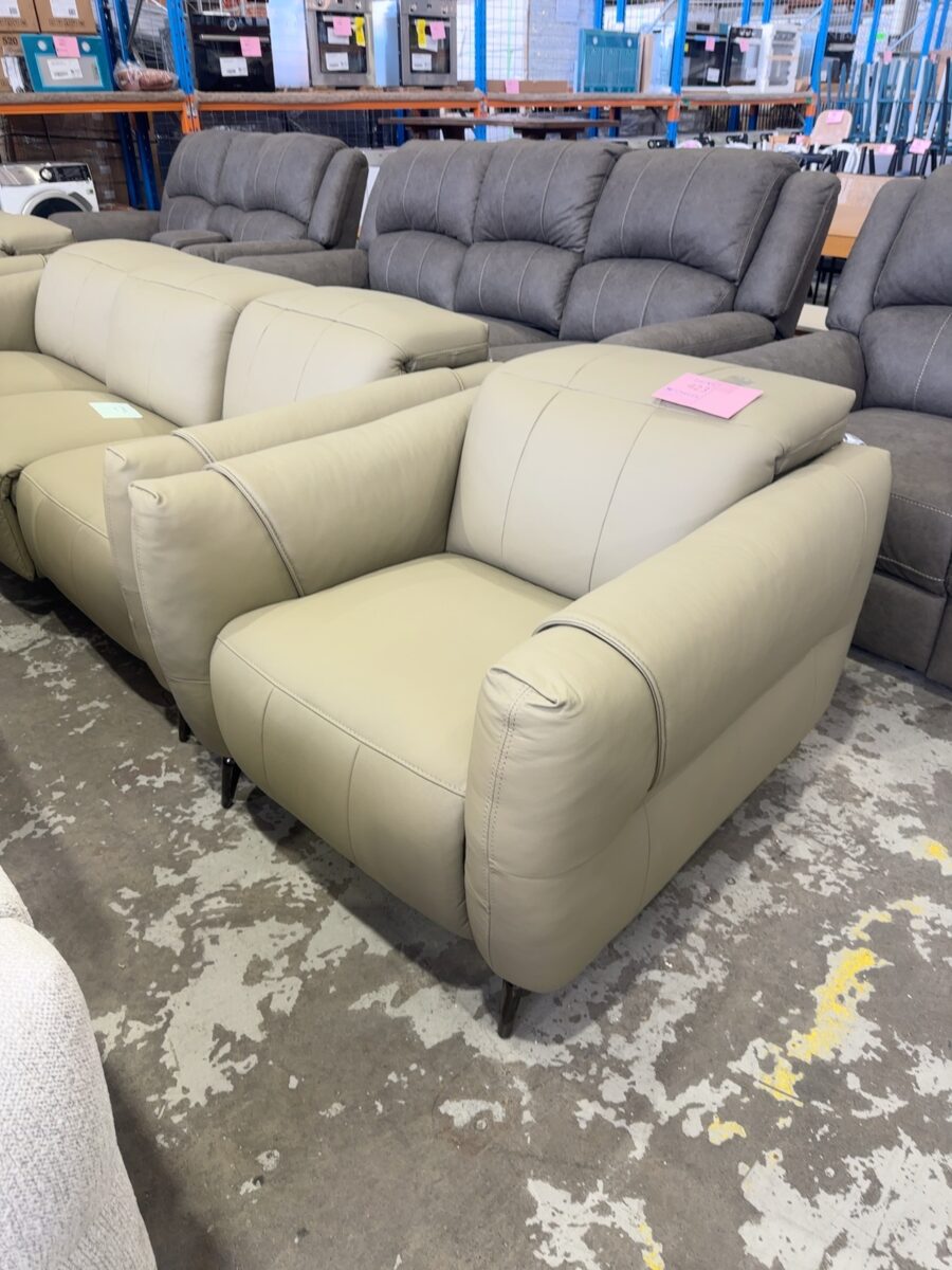 SAMPLE LOUNGE - NEW CONNELL KELP LEATHER LOUNGE SUITE INCLUDES 3 SEATER COUCH, 2 SEATER COUCH  & SEPARATE ARMCHAIR, ALL WITH FULL ELECTRIC RECLINERS & ELECTRIC HEADRESTS, SOLD AS IS