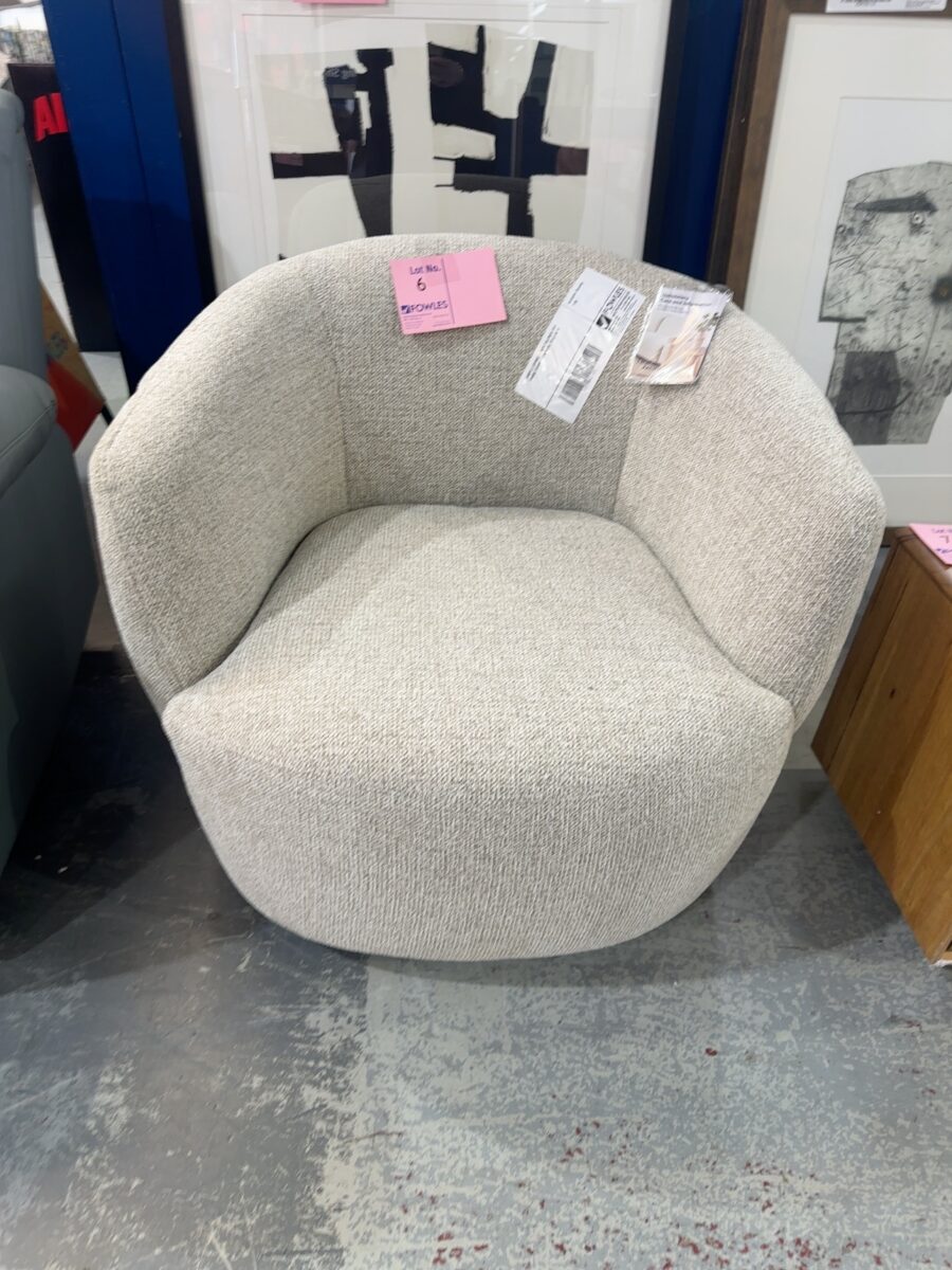 SAMPLE LOUNGE - NEW VALENCIA RYE FABRIC SWIVEL ARMCHAIR, SOLD AS IS