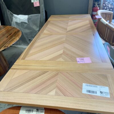 EX DISPLAY FLINDERS NATURAL MESSMATE EXTENSION DINING TABLE, 1800MM EXTENDS TO 2700MM, HERRINGBONE TOP, SOLD AS IS