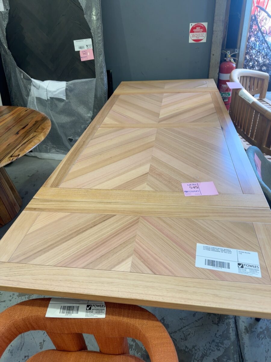 EX DISPLAY FLINDERS NATURAL MESSMATE EXTENSION DINING TABLE, 1800MM EXTENDS TO 2700MM, HERRINGBONE TOP, SOLD AS IS