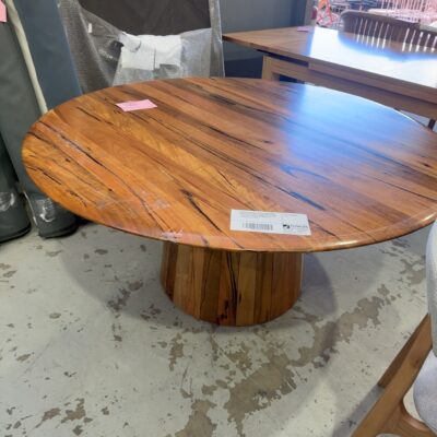 EX DISPLAY JINDALEE 1600MM ROUND MARRI TIMBER DINING TABLE ON TAPERED PEDESTAL, SOLD AS IS **CRACK IN TIMBER ON ONE SIDE - WILL NEED TO BE GLUED AND RE-ATTACHED, SOLD AS IS**