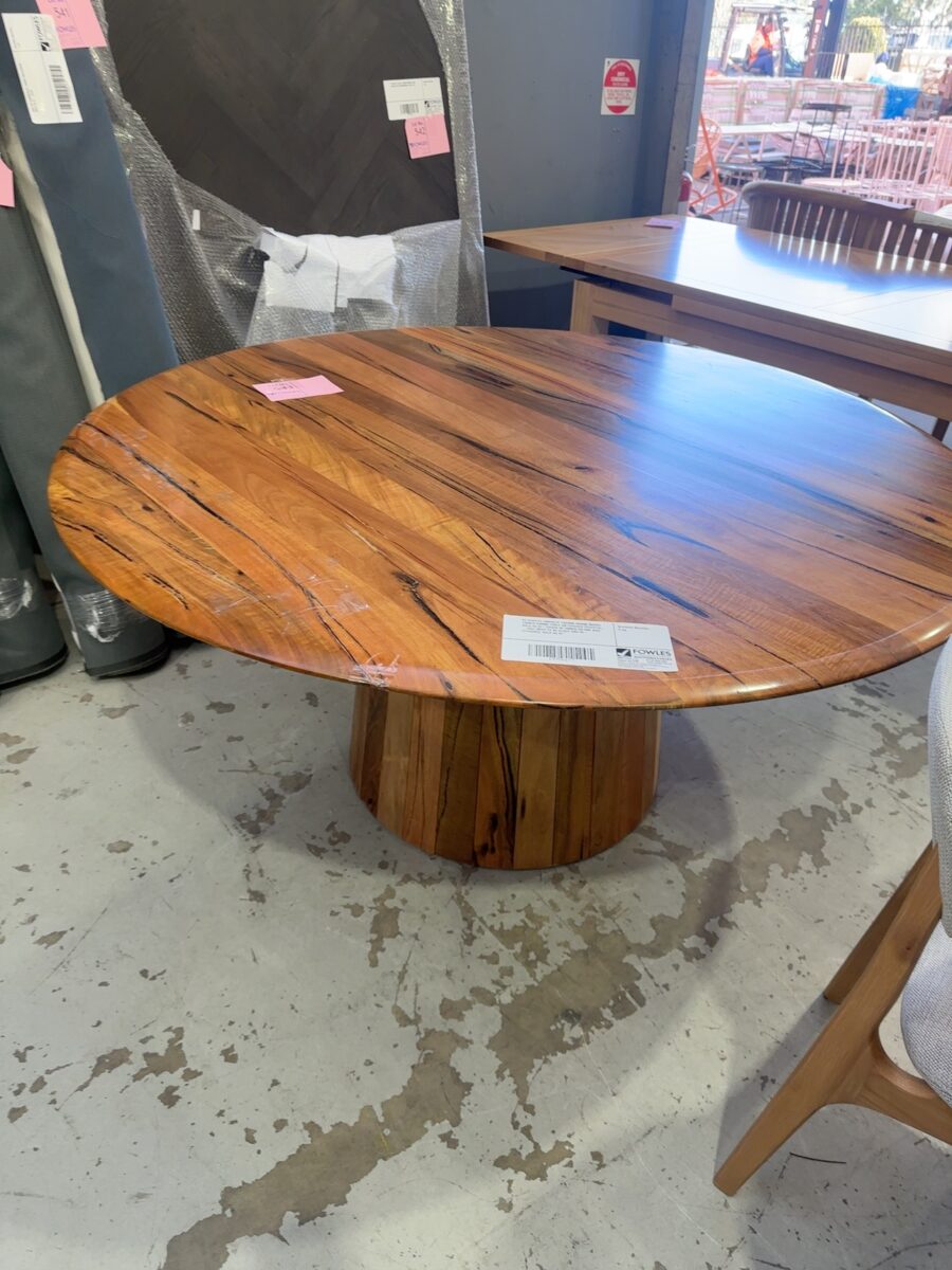 EX DISPLAY JINDALEE 1600MM ROUND MARRI TIMBER DINING TABLE ON TAPERED PEDESTAL, SOLD AS IS **CRACK IN TIMBER ON ONE SIDE - WILL NEED TO BE GLUED AND RE-ATTACHED, SOLD AS IS**