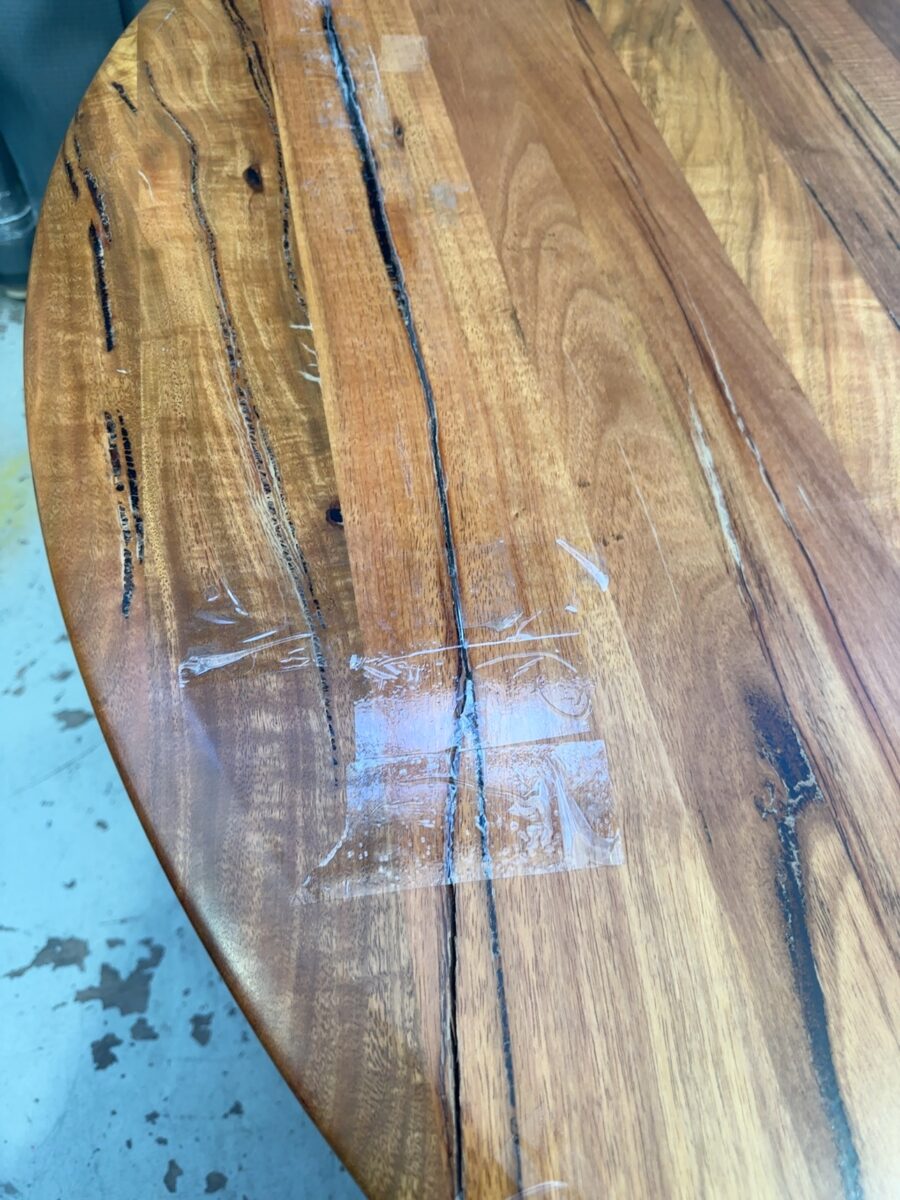 EX DISPLAY JINDALEE 1600MM ROUND MARRI TIMBER DINING TABLE ON TAPERED PEDESTAL, SOLD AS IS **CRACK IN TIMBER ON ONE SIDE - WILL NEED TO BE GLUED AND RE-ATTACHED, SOLD AS IS**