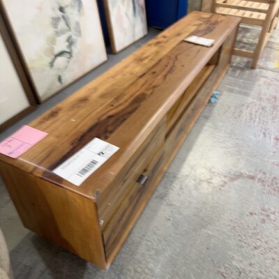 EX DISPLAY JINDALEE MARRI TIMBER 2200MM ENTERTAINMENT UNIT, SOLD AS IS **PORTION TAKEN OUT OF CORNER - CAN BE REPAIRED, SOLD AS IS**