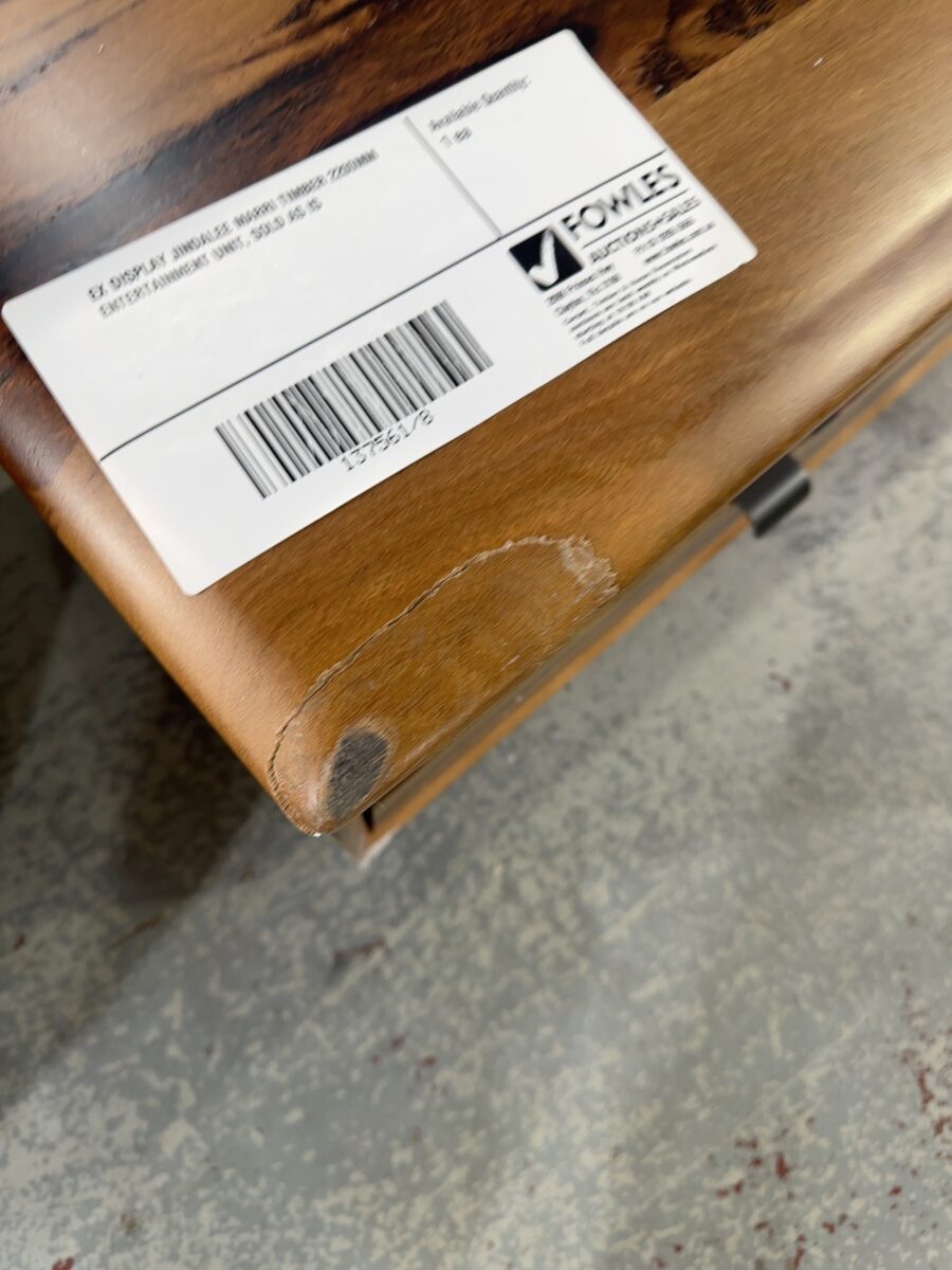 EX DISPLAY JINDALEE MARRI TIMBER 2200MM ENTERTAINMENT UNIT, SOLD AS IS **PORTION TAKEN OUT OF CORNER - CAN BE REPAIRED, SOLD AS IS**