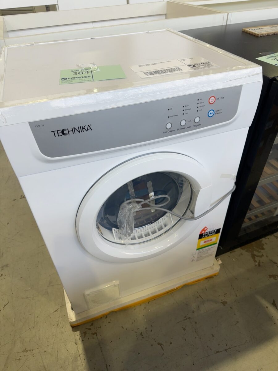 NEW TECHNIKA 7KG VENTED DRYER TVD7U, SOLD AS IS NO WARRANTY
