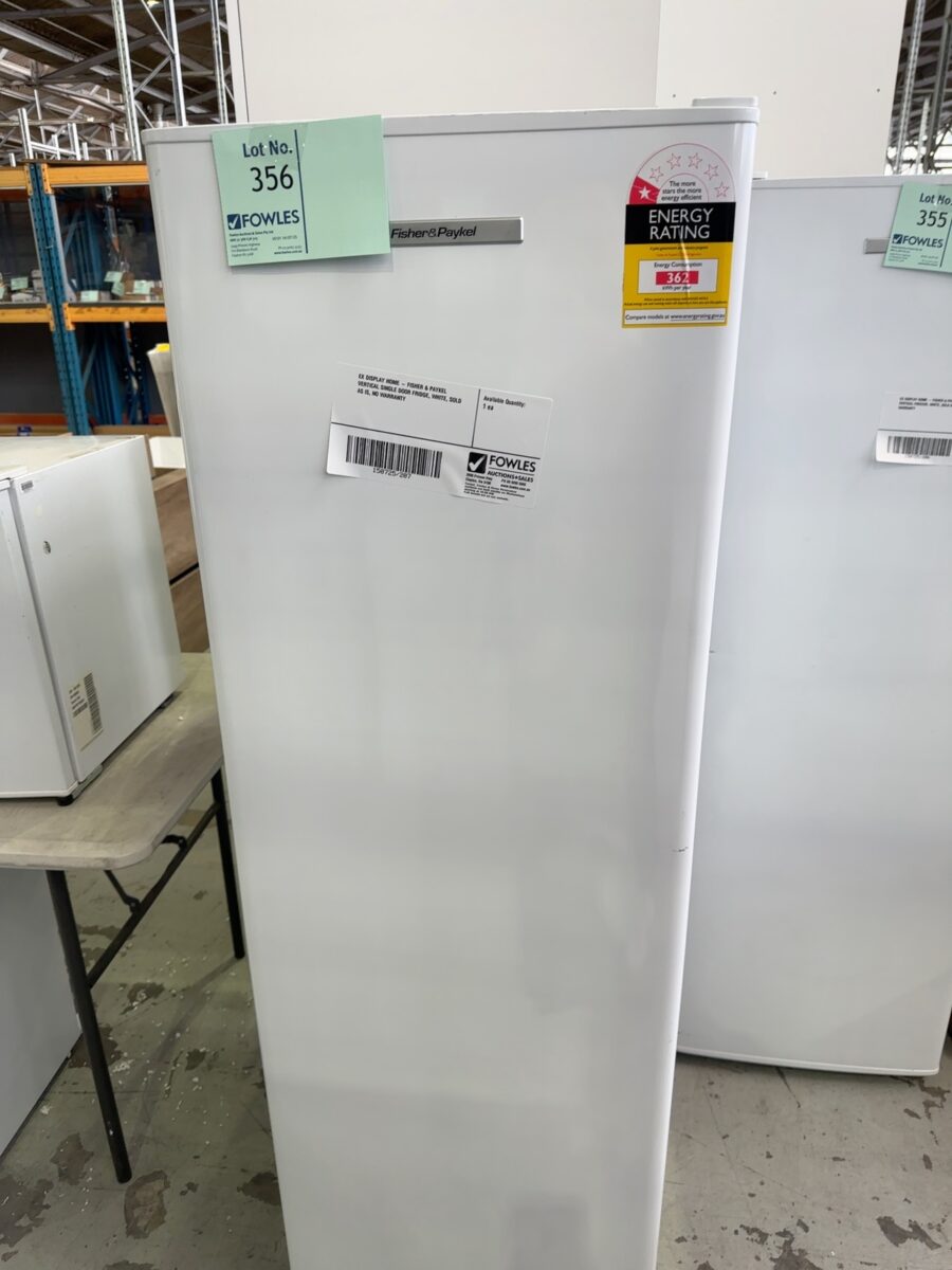 EX DISPLAY HOME - FISHER & PAYKEL VERTICAL SINGLE DOOR FRIDGE, WHITE, SOLD AS IS, NO WARRANTY