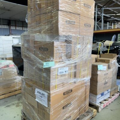PALLET WITH ASSORTED BATHROOM ACCESSORIES AND TAPWARE - 9 BOXES OF COMMERCIAL STYLE KITCHEN TAPS, TOILET ROLL HOLDERS, SOAP BASKETS ETC, SOLD AS IS