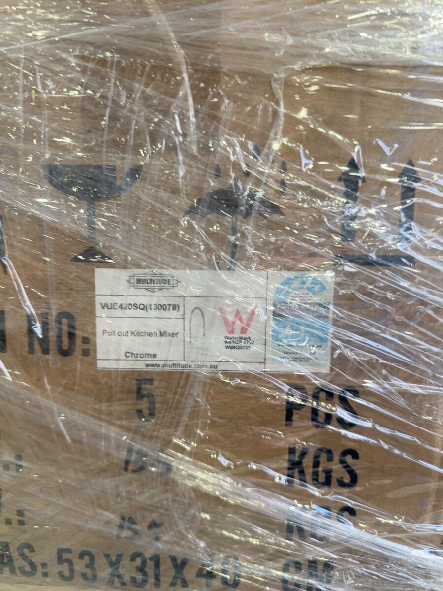 PALLET WITH ASSORTED BATHROOM ACCESSORIES AND TAPWARE - 9 BOXES OF COMMERCIAL STYLE KITCHEN TAPS, TOILET ROLL HOLDERS, SOAP BASKETS ETC, SOLD AS IS