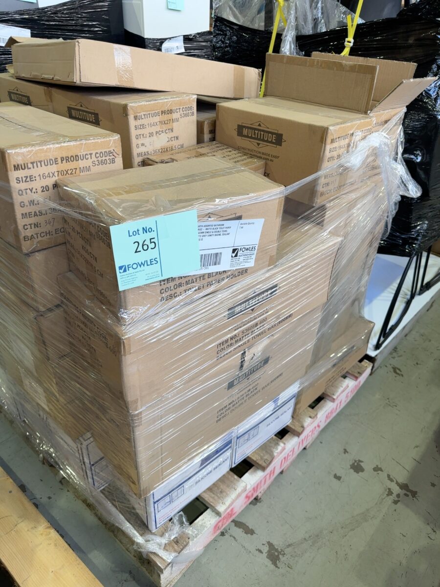 PALLET WITH ASSORTED BATHROOM ACCESSORIES - MATTE BLACK TOILET PAPER HOLDER, 600MM SINGLE & DOUBLE TOWEL RAILS, MATTE GREY VANITY BASINS, SEALANT ETC, SOLD AS IS