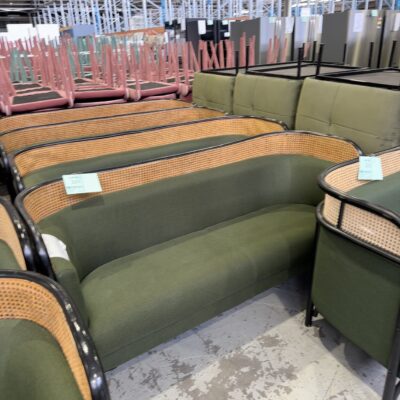 EX HIRE DARK GREEN COUCH WITH BLACK FRAME AND RATTAN DETAIL, SOLD AS IS (DARK RATTAN)