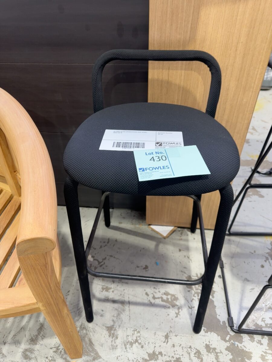 EX HIRE BLACK UPHOLSTERED BAR STOOL, SOLD AS IS