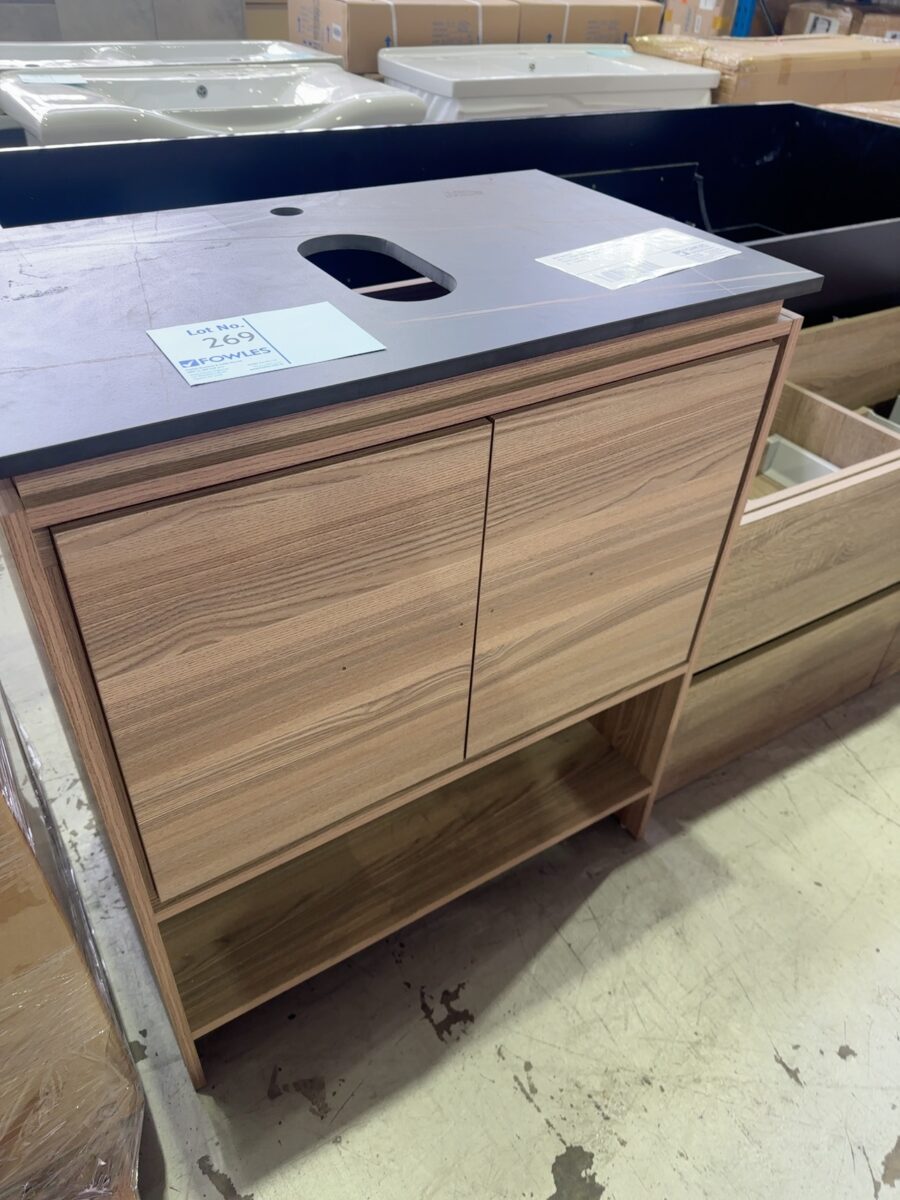 NEW MARINE PLY WOOD VANITY 750MM WIDE WITH 2 DOORS AND OPEN SHELF, WITH DARK PORCELAIN TOP CB-54075LW & SS-7546ND-2