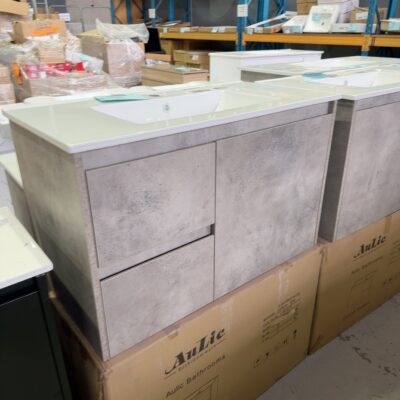 NEW LOLA WALL HUNG 900MM GREY VANITY, WITH DRAWERS LEFT HAND, WITH WHITE CRYSTAL CERAMIC TOP, CAWH11-900L & CT28/900