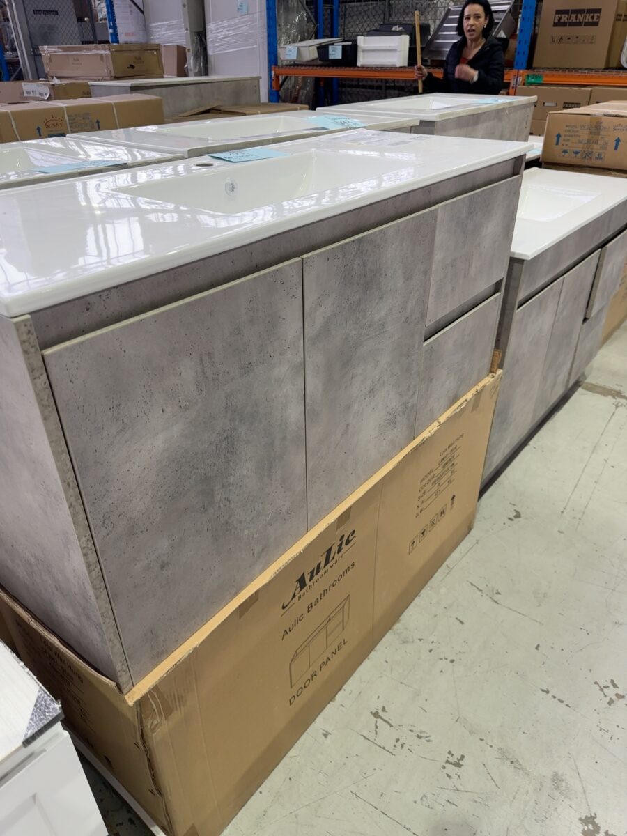 NEW LOLA WALL HUNG 1200MM GREY VANITY, WITH DRAWERS RIGHT HAND, WITH WHITE CRYSTAL CERAMIC TOP, CAWH11-1200R & CT28/1200