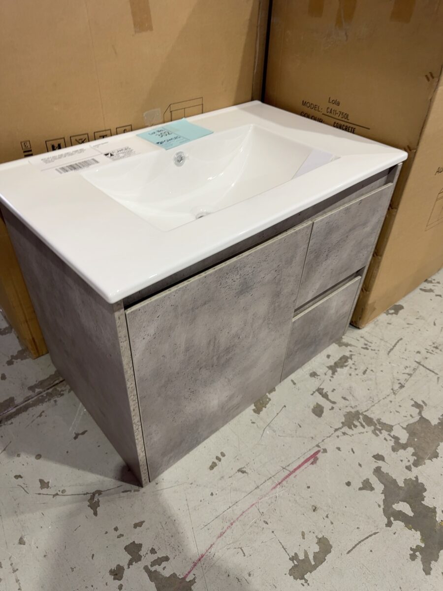 NEW LOLA WALL HUNG VANITY, 750MM GREY VANITY, RIGHT HAND DRAWERS, WITH WHITE CRYSTAL CERAMIC TOP,  CAWH11-750R & CT28/750