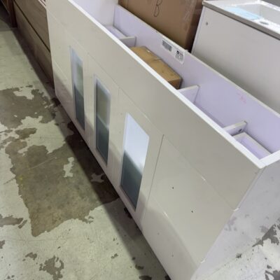 NEW 1500MM GLASS DOOR VANITY, 3 CENTRAL GLASS DOORS, DRAWERS EACH END, NO TOP, SOLD AS IS