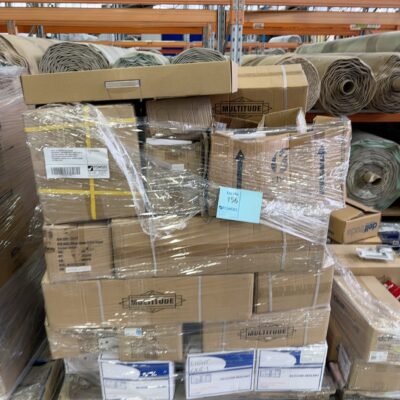 PALLET OF ASSORTED BATHROOM ACCESSORIES, INCLUDING MATTE WHITE HOT & COLD DECK MOUNT TAPS, WALL SPOUTS, MATTE BLACK SHOWER MIXERS, WALL ASSEMBLIES, SHOWER RAILS, SHOWER HEADS, ETC SOLD AS IS