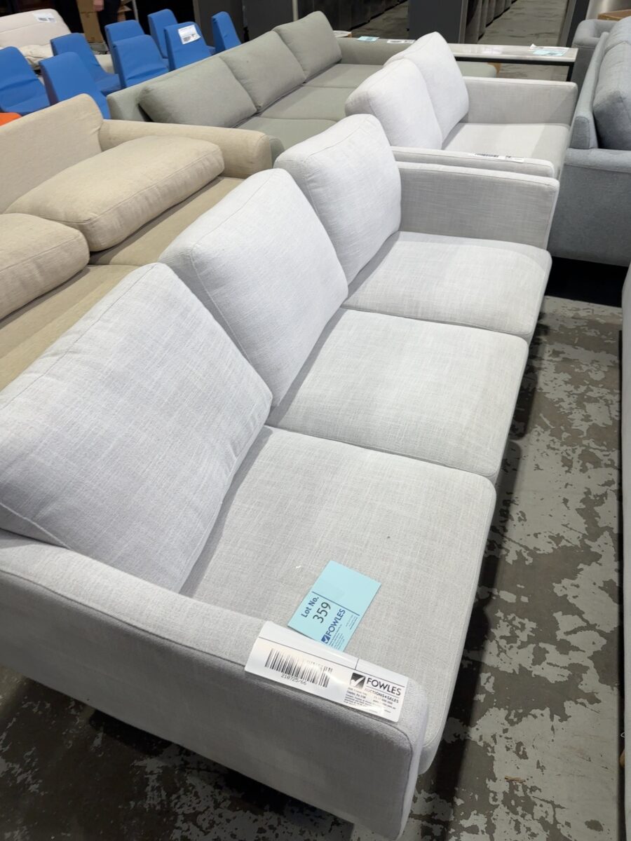 EX STAGING -LIGHT GREY 3 SEATER COUCH, SOLD AS IS, SOME MARKS