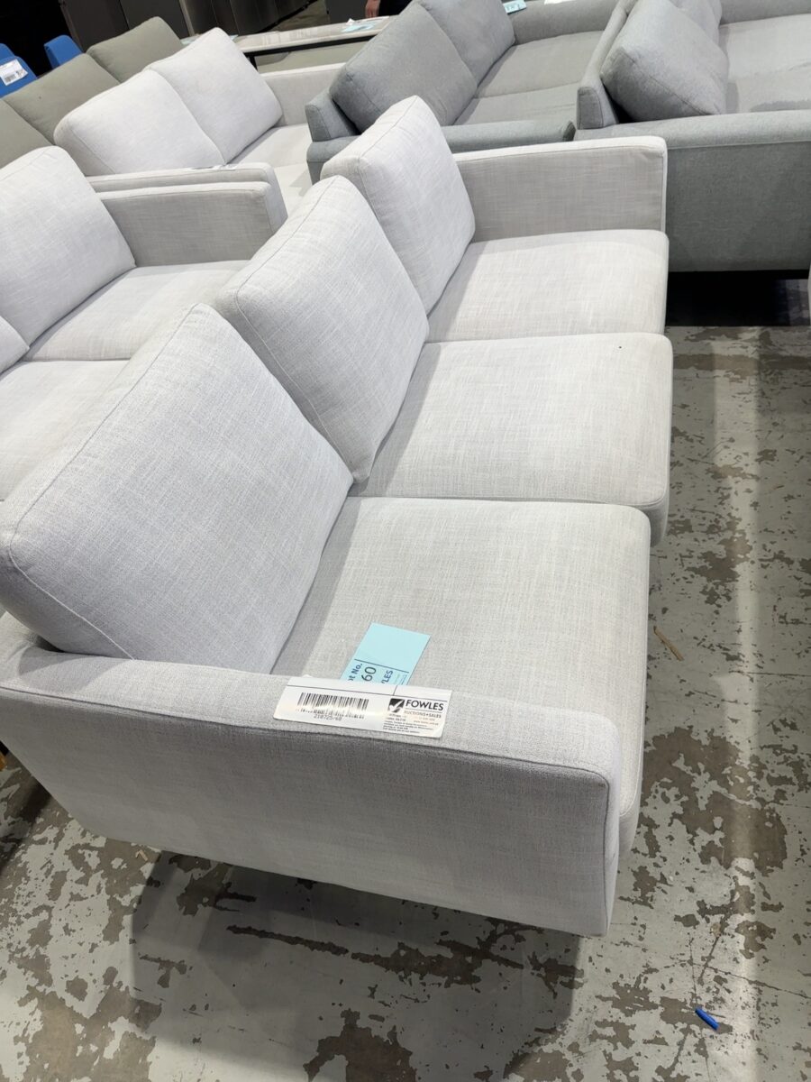 EX STAGING -LIGHT GREY 3 SEATER COUCH, SOLD AS IS, SOME MARKS