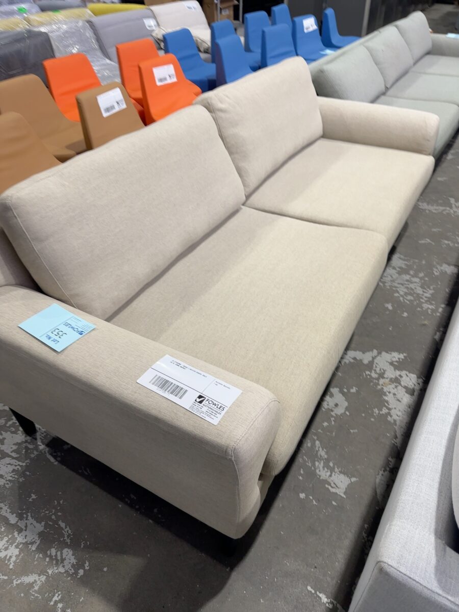 EX STAGING -BEIGE 3 SEATER COUCH, SOLD AS IS, SOME MARKS