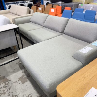 EX STAGING -LIGHT GREY 3 SEATER COUCH WITH CHAISE, SOLD AS IS, SOME MARKS