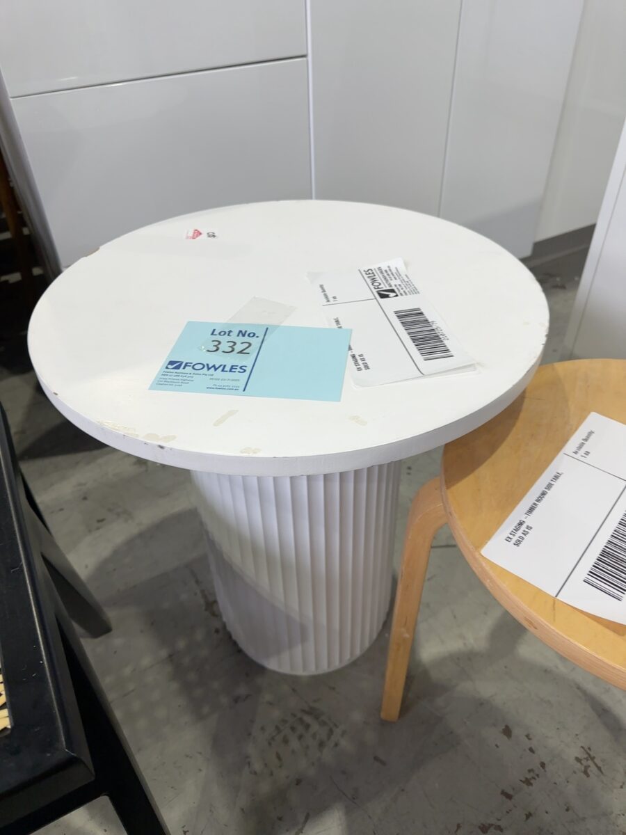 EX STAGING -WHITE ROUND SIDE TABLE, SOLD AS IS