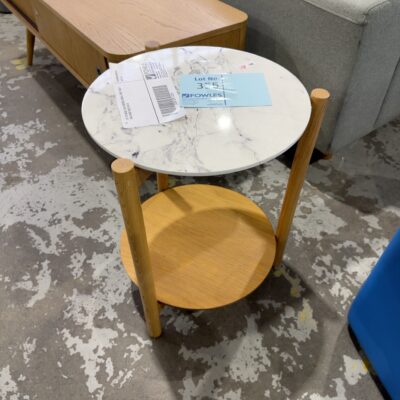 EX STAGING FAUX MARBLE SMALL SIDE TABLE, OAK BASE SOLD AS IS