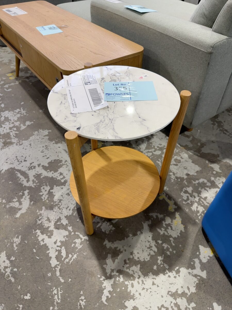 EX STAGING FAUX MARBLE SMALL SIDE TABLE, OAK BASE SOLD AS IS