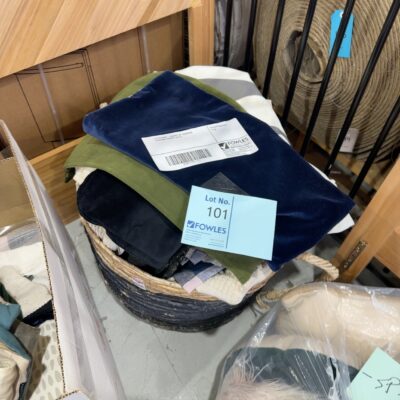 EX STAGING - BASKET OF ASSORTED CUSHIONS COVERS, AS IS