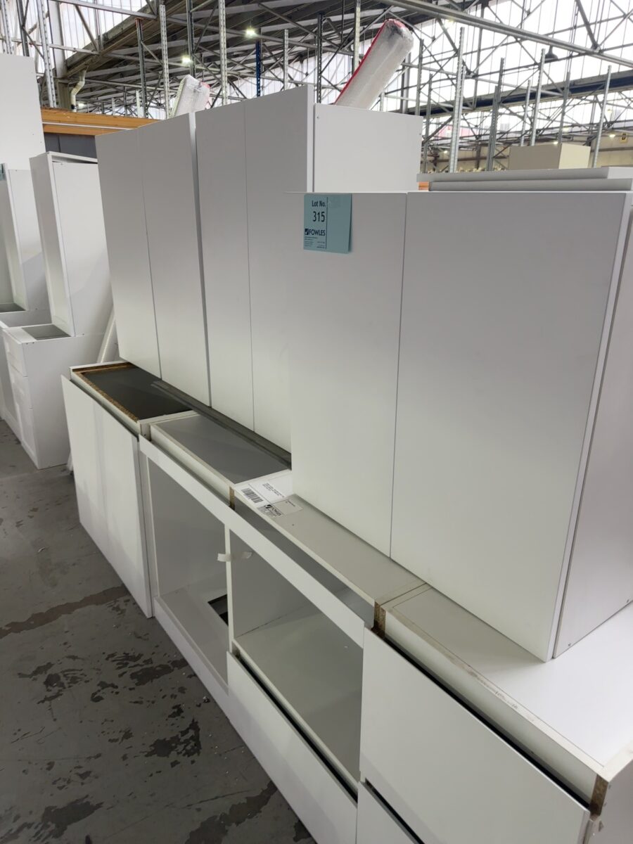SAMPLE KITCHEN - NEW WHITE SATIN 2 PAC KITCHEN CABINETS WITH FINGER PULL PROFILE, SOLD AS IS