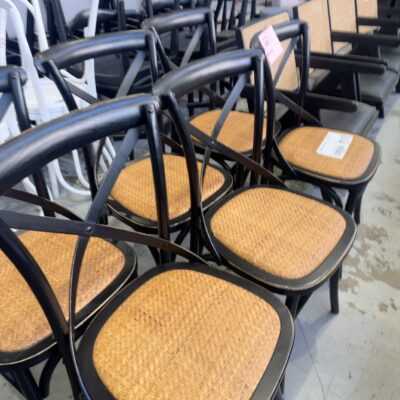 EX STAGING - BLACK DINING CHAIR WITH NATURAL RATTAN SEAT BASE, SOLD AS IS