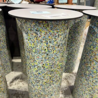 EX HIRE COLOURFUL ACRYLIC BAR TABLE WITH GREY LAMINATE TOP, SOLD AS IS