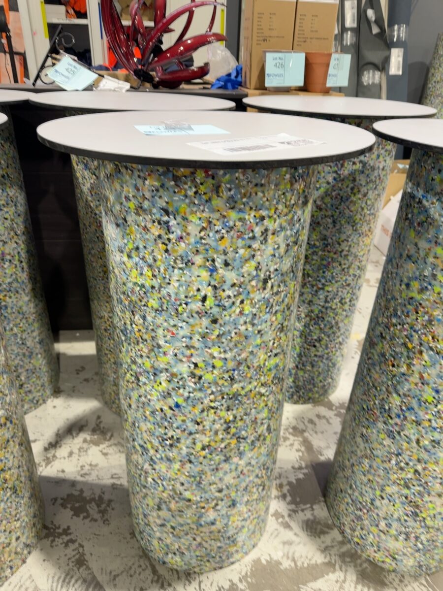 EX HIRE COLOURFUL ACRYLIC BAR TABLE WITH GREY LAMINATE TOP, SOLD AS IS
