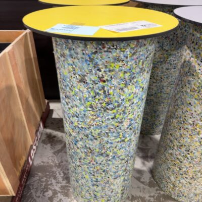 EX HIRE COLOURFUL ACRYLIC BAR TABLE WITH YELLOW LAMINATE TOP, SOLD AS IS