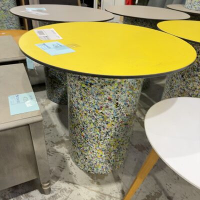 EX HIRE COLOURFUL ACRYLIC TABLE WITH YELLOW LAMINATE TOP, SOLD AS IS